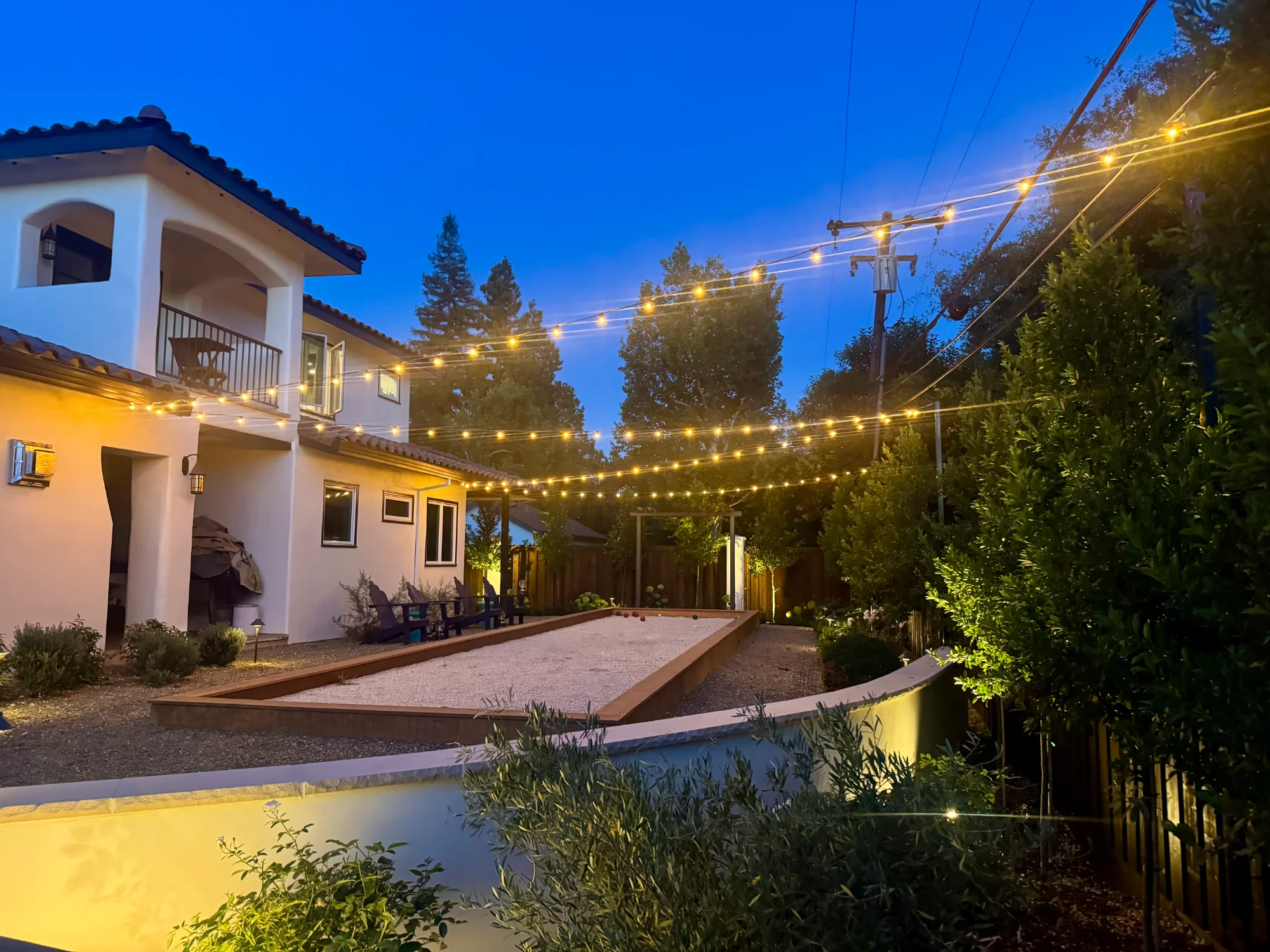 Event lighting setup being tested the night before a Sacramento wedding