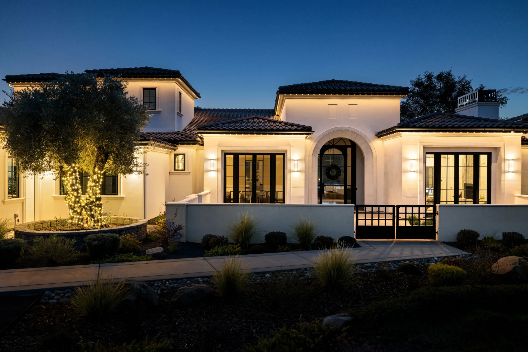 Clean, bright permanent lighting on a Sacramento home after routine maintenance
