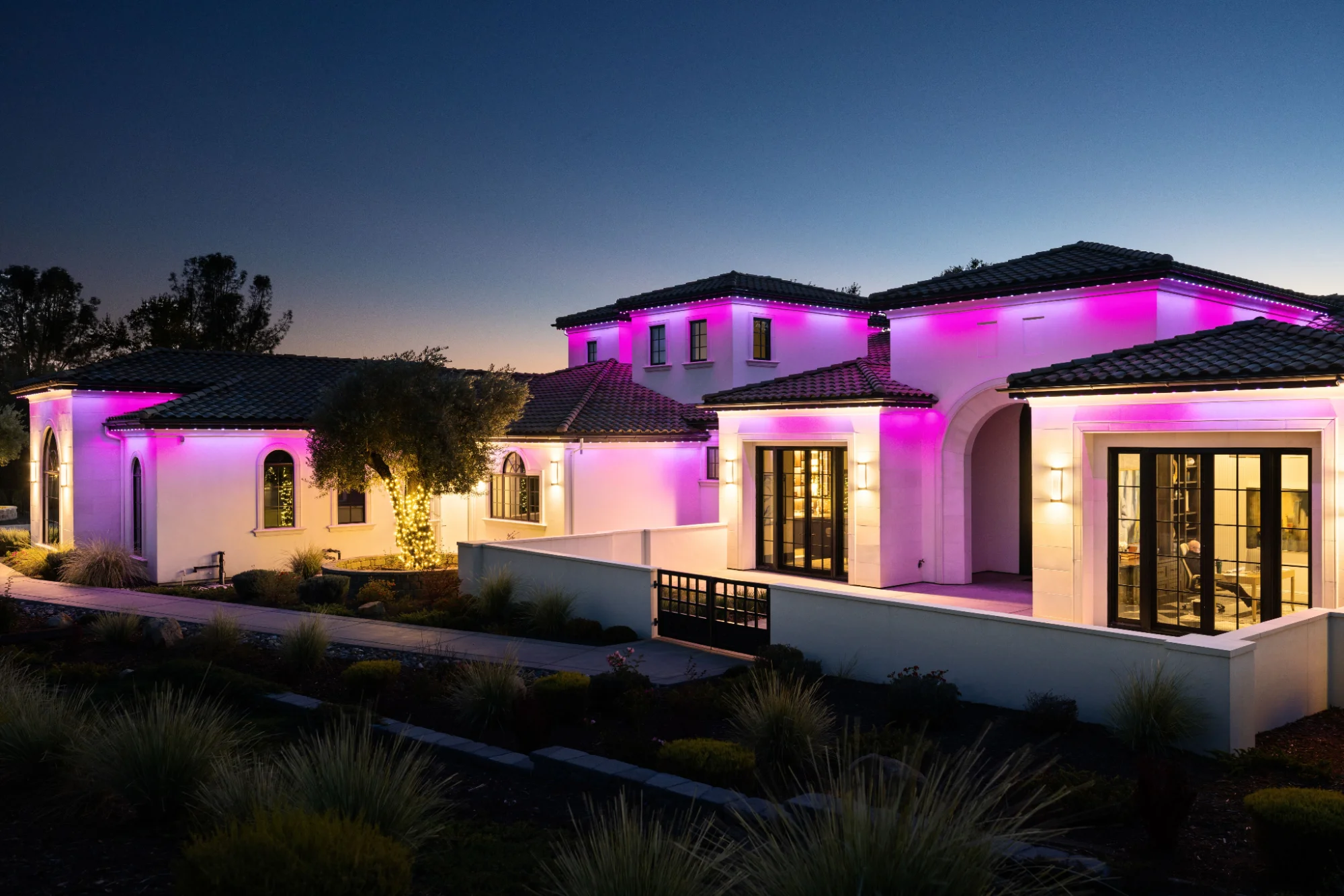 Neighborhood in Sacramento with multiple homes using permanent lighting for different occasions