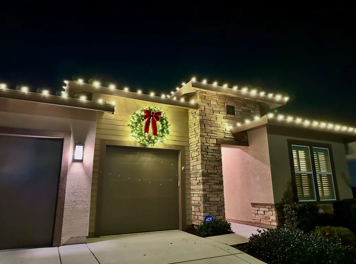 Close up of commercial LED Christmas lights installed by Santa's Lights in Sacramento