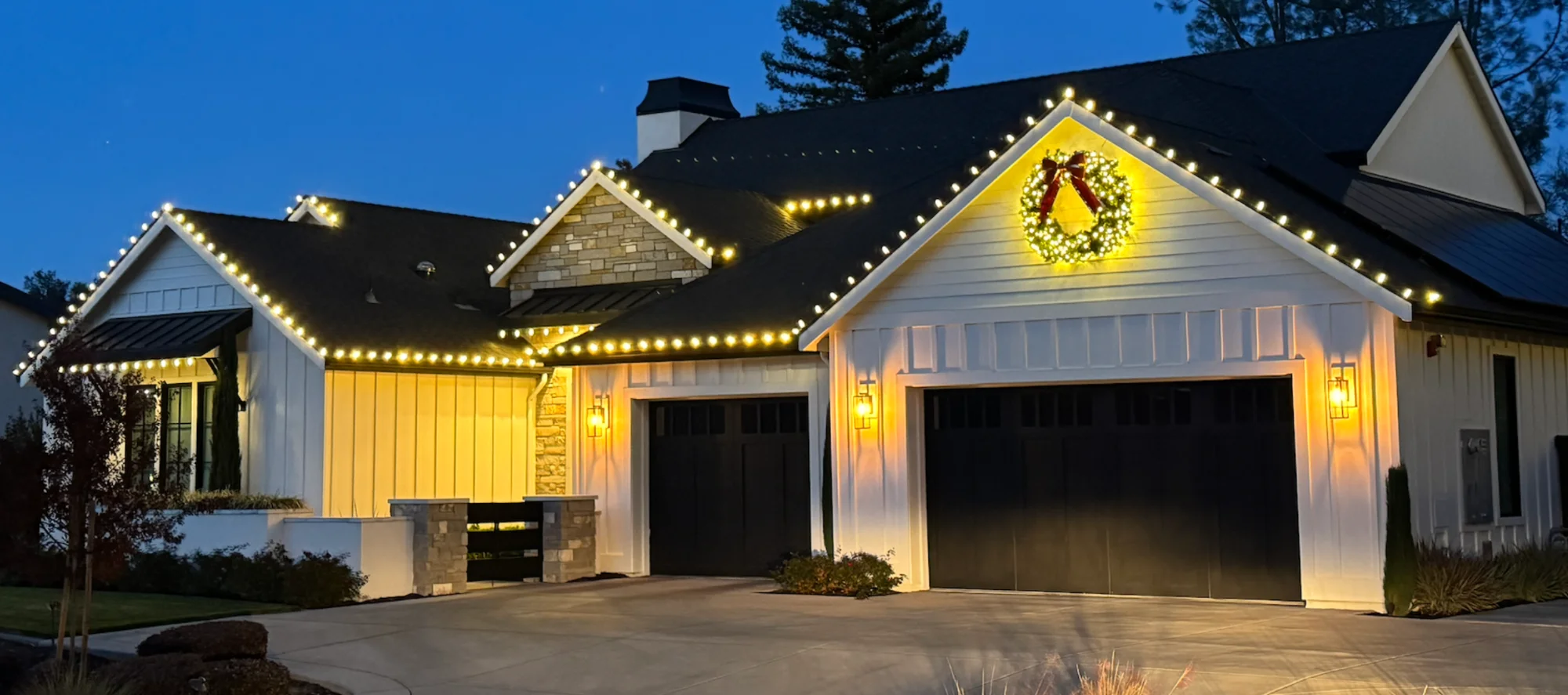 Commercial-grade Christmas lights provided by Santa's Lights for a Sacramento installation